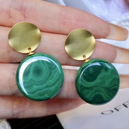 Genuine Round Malachite Studs Earrings sterling silver|High end Malachite drop gold|Statement Green Studs Earrings|Antique Gemstone Earring - Image 7