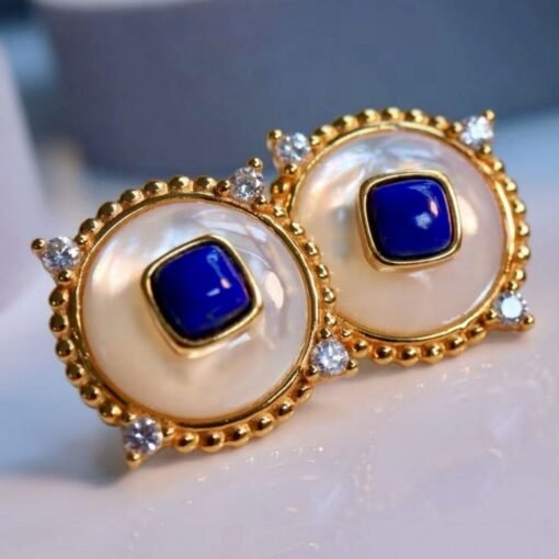 Genuine cushion Lapis Lazuli Stud Earring sterling silver|Statement blue lapis lazuli studs goldUnique September birthstone jewelry earring - Image 6