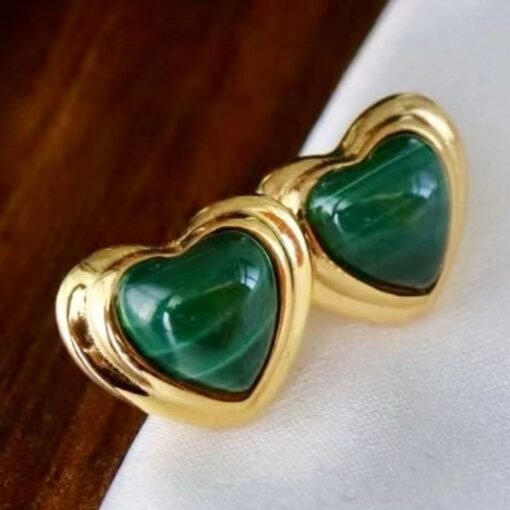Unique heart shape natural malachite stud earrings silver/Dainty Art Deco Malachite Stud|Vintage Malachite Earring|Perfect Anniversary Gift - Image 2