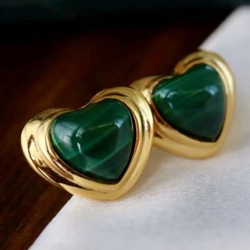 Unique heart shape natural malachite stud earrings silver/Dainty Art Deco Malachite Stud|Vintage Malachite Earring|Perfect Anniversary Gift - Image 3