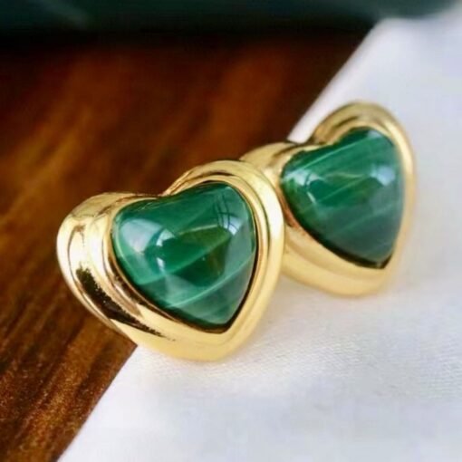 Unique heart shape natural malachite stud earrings silver/Dainty Art Deco Malachite Stud|Vintage Malachite Earring|Perfect Anniversary Gift - Image 7