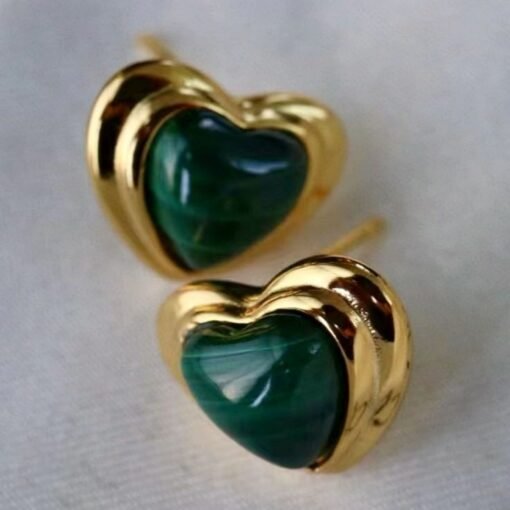 Unique heart shape natural malachite stud earrings silver/Dainty Art Deco Malachite Stud|Vintage Malachite Earring|Perfect Anniversary Gift