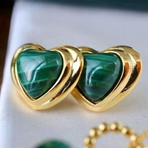Unique heart shape natural malachite stud earrings silver/Dainty Art Deco Malachite Stud|Vintage Malachite Earring|Perfect Anniversary Gift - Image 8