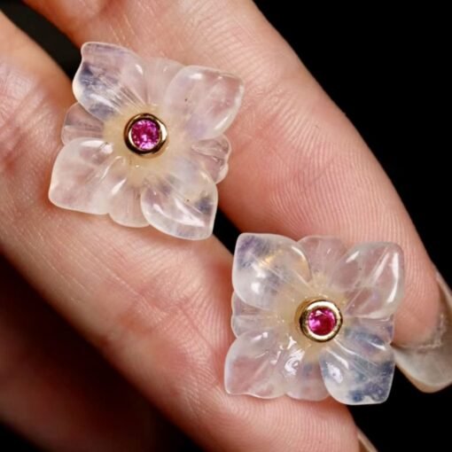 Natural Moonstone with Zircon Stud Earrings sterling silver/Unique Moonstone Earring/Statement Petal Moonstone Stud|Handmade moonstone studs - Image 7