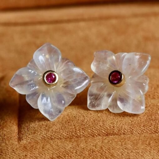 Natural Moonstone with Zircon Stud Earrings sterling silver/Unique Moonstone Earring/Statement Petal Moonstone Stud|Handmade moonstone studs - Image 2