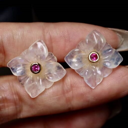 Natural Moonstone with Zircon Stud Earrings sterling silver/Unique Moonstone Earring/Statement Petal Moonstone Stud|Handmade moonstone studs