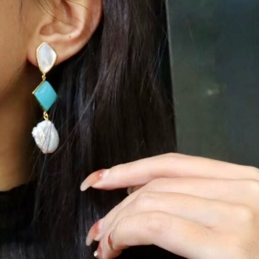 Unique Amazonite with Baroque Pearl Drop Earrings/Natural Pearl Earrings 925 Silver women/Blue gemstone Earring|Hand Carved Gemstone Earring - Image 4