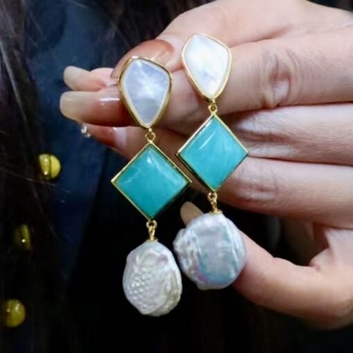Unique Amazonite with Baroque Pearl Drop Earrings/Natural Pearl Earrings 925 Silver women/Blue gemstone Earring|Hand Carved Gemstone Earring - Image 6
