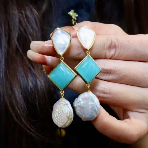 Unique Amazonite with Baroque Pearl Drop Earrings/Natural Pearl Earrings 925 Silver women/Blue gemstone Earring|Hand Carved Gemstone Earring - Image 7