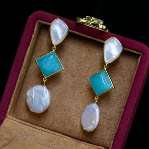 Unique Amazonite with Baroque Pearl Drop Earrings/Natural Pearl Earrings 925 Silver women/Blue gemstone Earring|Hand Carved Gemstone Earring