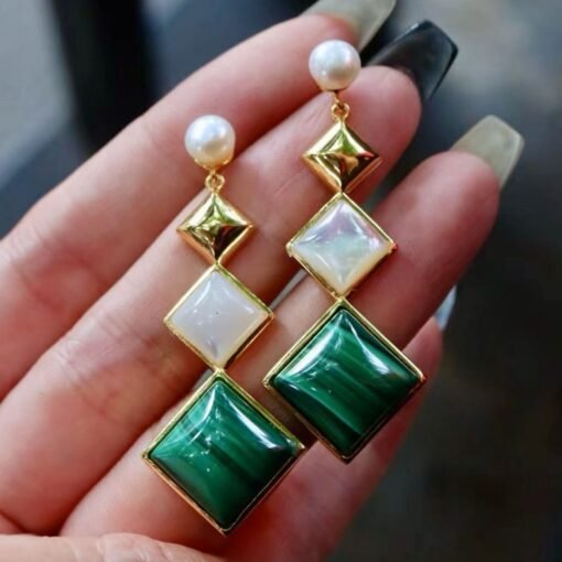 Natural Malachite Drop Earrings sterling silver|Malachite Jewelry|Green Gemstone earring|Unique Geometric Earrings|Statement Malachite drop - Image 4