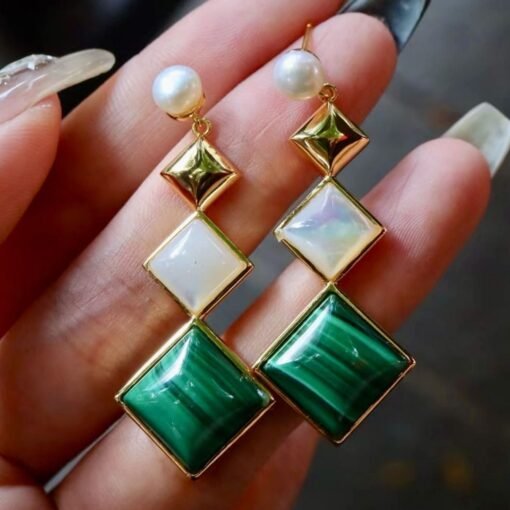Natural Malachite Drop Earrings sterling silver|Malachite Jewelry|Green Gemstone earring|Unique Geometric Earrings|Statement Malachite drop - Image 5