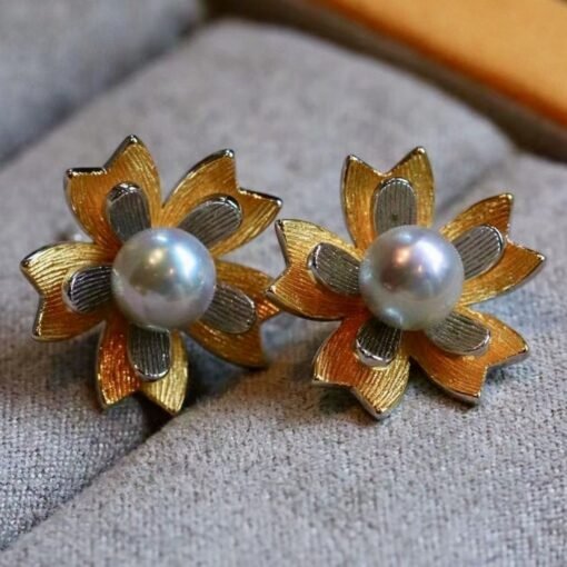 Natural Akoya Pearl stud Earrings Silver|Pedal pearl stud earring|Handmade floral pearl stud|Unique art deco pearl studs|Vintage pearl stud - Image 3