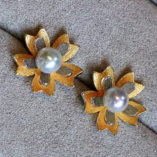 Natural Akoya Pearl stud Earrings Silver|Pedal pearl stud earring|Handmade floral pearl stud|Unique art deco pearl studs|Vintage pearl stud - Image 4