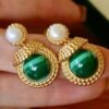 Genuine Malachite Earrings with Pearl Silver|Vintage Antique Malachite Earring|Statement Green Gemstone Stud Earring|Unique Pearl Studs Gold