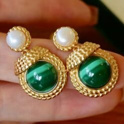 Genuine Malachite Earrings with Pearl Silver|Vintage Antique Malachite Earring|Statement Green Gemstone Stud Earring|Unique Pearl Studs Gold
