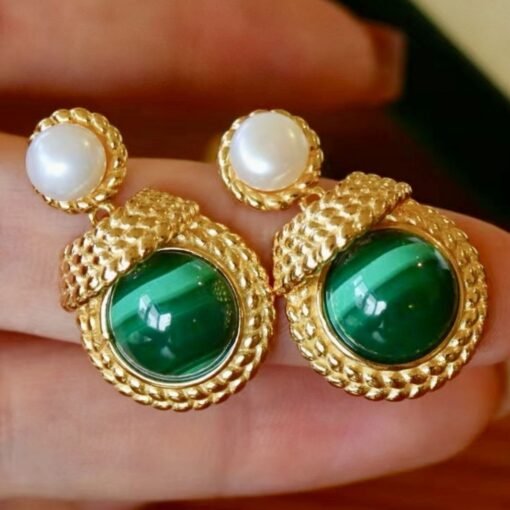 Genuine Malachite Earrings with Pearl Silver|Vintage Antique Malachite Earring|Statement Green Gemstone Stud Earring|Unique Pearl Studs Gold