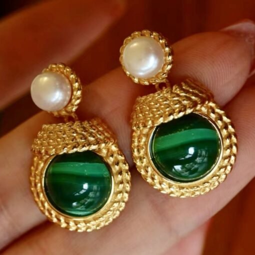 Genuine Malachite Earrings with Pearl Silver|Vintage Antique Malachite Earring|Statement Green Gemstone Stud Earring|Unique Pearl Studs Gold - Image 2
