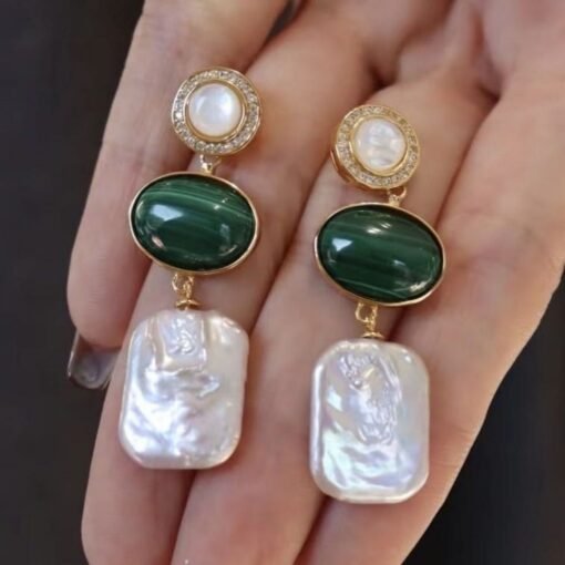 Natural Malachite Studs Earrings With Pearl|Malachite Jewelry|Dainty Green Studs Earrings|Real Pearl Earrings|Perfect Anniversary Gift - Image 2