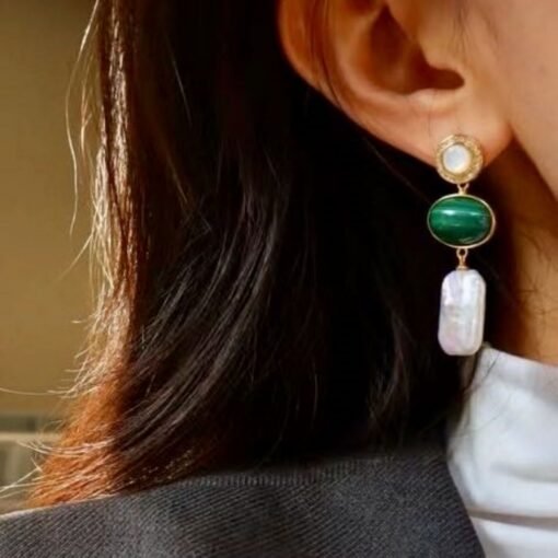Natural Malachite Studs Earrings With Pearl|Malachite Jewelry|Dainty Green Studs Earrings|Real Pearl Earrings|Perfect Anniversary Gift - Image 6