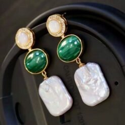 Natural Malachite Studs Earrings With Pearl|Malachite Jewelry|Dainty Green Studs Earrings|Real Pearl Earrings|Perfect Anniversary Gift