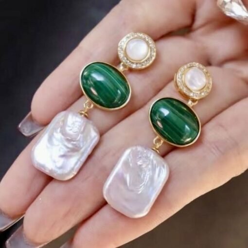 Natural Malachite Studs Earrings With Pearl|Malachite Jewelry|Dainty Green Studs Earrings|Real Pearl Earrings|Perfect Anniversary Gift - Image 8