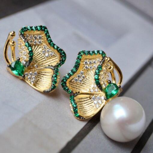 Natural Pearl Studs Earrings With Green Zircon|Pearl Jewelry|Dainty Pearl Studs Earrings With Silver|Real Pearl Earrings|Vivid Green Earring - Image 5