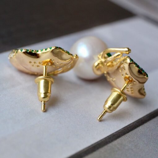 Natural Pearl Studs Earrings With Green Zircon|Pearl Jewelry|Dainty Pearl Studs Earrings With Silver|Real Pearl Earrings|Vivid Green Earring - Image 8
