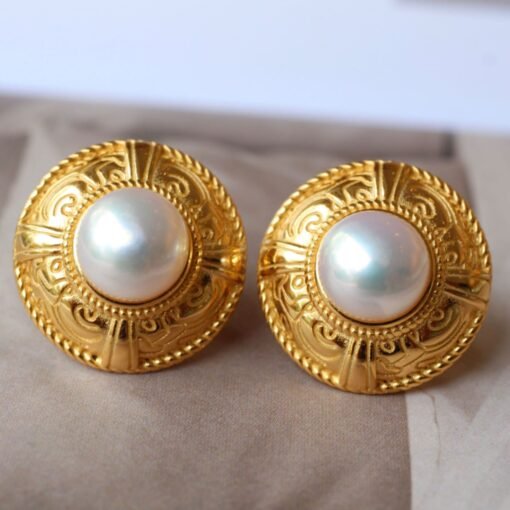Vintage freshwater pearl stud earrings sterling silver|Real Pearl Studs Earrings|Antique Pearl Earrings|Charm Hand Carved Gemstone Earrings