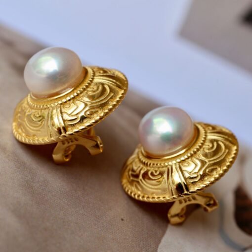 Vintage freshwater pearl stud earrings sterling silver|Real Pearl Studs Earrings|Antique Pearl Earrings|Charm Hand Carved Gemstone Earrings - Image 4