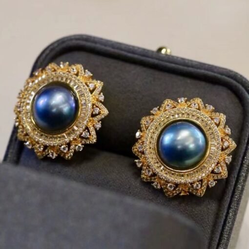 Natural Blue Mabe Pearl Studs Sliver|Vintage Mabe Pearl Studs|Unique mabe pearl earrings for herAntique Mabe Pearl stud gold plated silver - Image 2