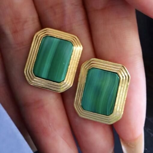 Natural Rectangle Malachite Studs Earrings sterling silver|Minimalist Malachite stud|Modern Malachite Studs Earrings|Green Gemstone Earrings - Image 4