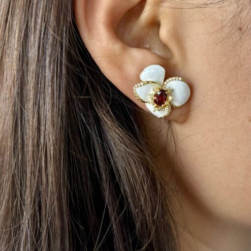 Natural Silver Petal Stud Earrings|Unique Flower Earrings|Handcrafted Carved Garnet Earrings|Statement unique Earrings|Perfect Birthday Gift - Image 6
