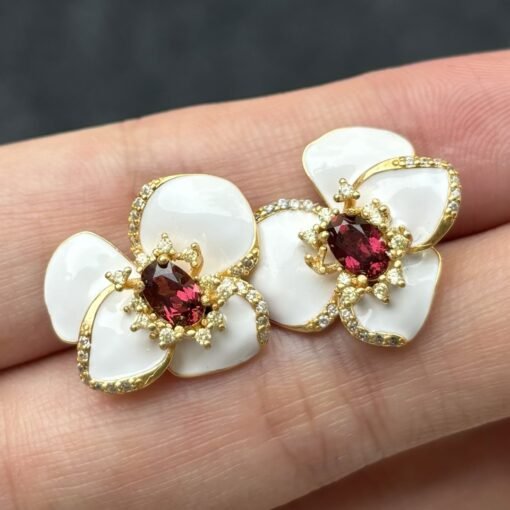 Natural Silver Petal Stud Earrings|Unique Flower Earrings|Handcrafted Carved Garnet Earrings|Statement unique Earrings|Perfect Birthday Gift - Image 5
