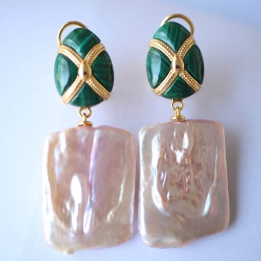 Unique Pearl Drop Earrings With Malachite|Real Pearl Studs Earrings|Dainty Pearl Earrings|Natural Hand Carved Gemstone Earrings - Image 5