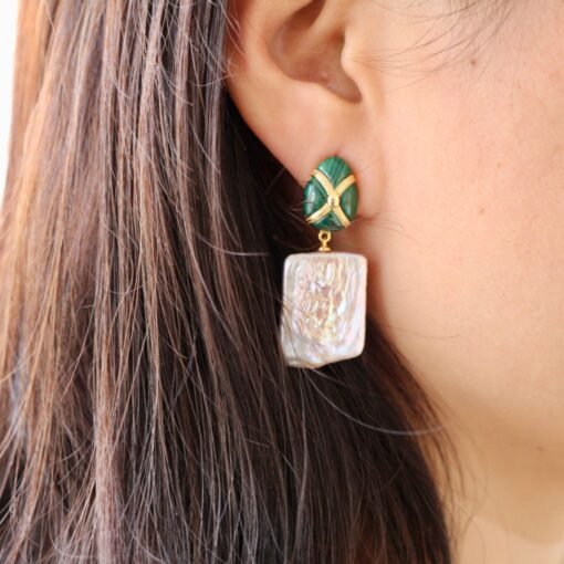 Unique Pearl Drop Earrings With Malachite|Real Pearl Studs Earrings|Dainty Pearl Earrings|Natural Hand Carved Gemstone Earrings - Image 7