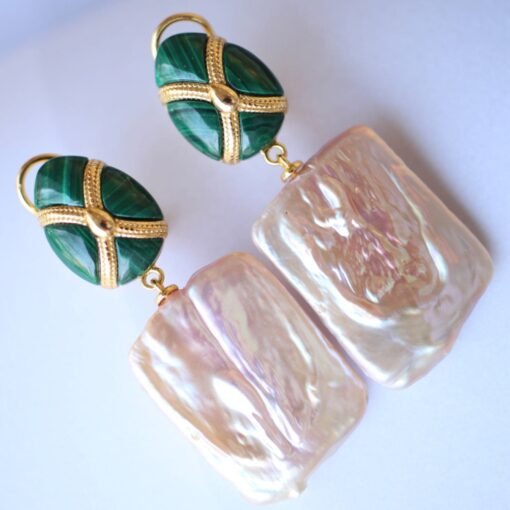 Unique Pearl Drop Earrings With Malachite|Real Pearl Studs Earrings|Dainty Pearl Earrings|Natural Hand Carved Gemstone Earrings - Image 8