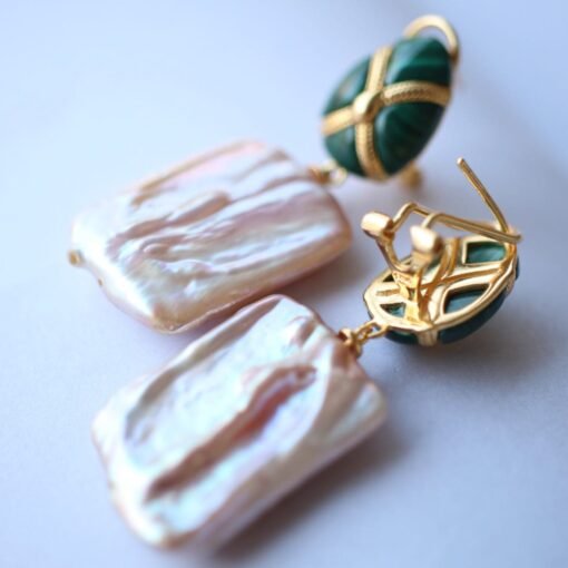 Unique Pearl Drop Earrings With Malachite|Real Pearl Studs Earrings|Dainty Pearl Earrings|Natural Hand Carved Gemstone Earrings - Image 6
