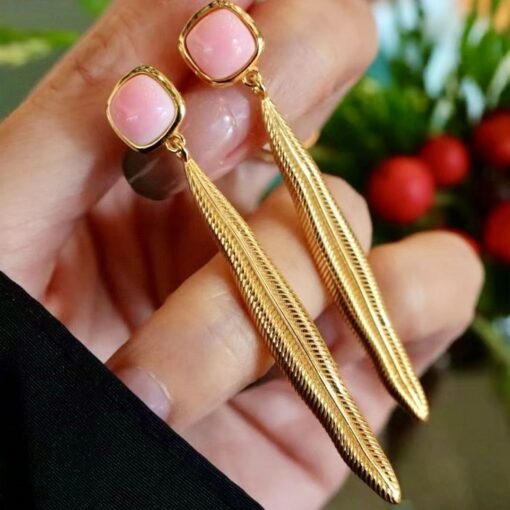 Natural Pink Queen Conch Shell drop earring gold plated silver|Pink Gemstone Jewelry|Unique Earrings For Her|Long drop Earring|Bezel earring - Image 3