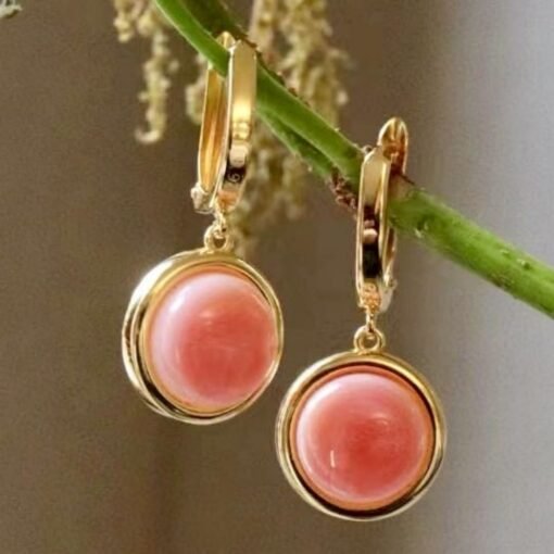 Natural Pink Queen Conch Shell drop earring gold plated silver|Statement Pink Gemstone Jewelry|Unique Earring For Her|Bezel set drop Earring - Image 2