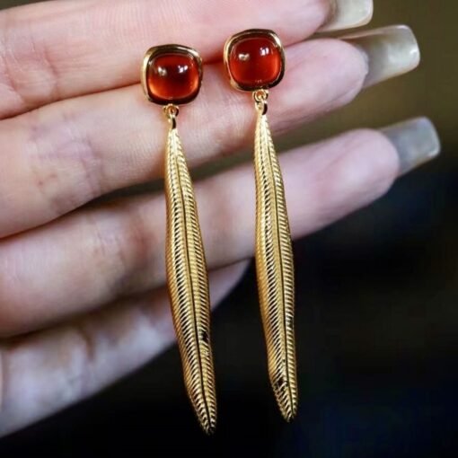 Natural orange garnet drop earrings gold plated silver|Statement Jewelry|Garnet Earrings For Her|Long drop Earring|Unique January Birthstone - Image 4