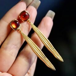 Natural orange garnet drop earrings gold plated silver|Statement Jewelry|Garnet Earrings For Her|Long drop Earring|Unique January Birthstone