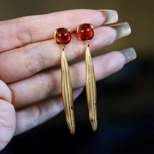 Natural orange garnet drop earrings gold plated silver|Statement Jewelry|Garnet Earrings For Her|Long drop Earring|Unique January Birthstone - Image 5