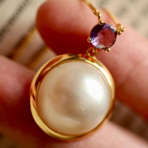 Natural Mabe Pearl Necklace Sterling Silver|Statement Minimalist Pearl Pendant|Real Pearl with Amethyst Pendant|Perfect Anniversary Gift - Image 4
