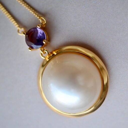 Natural Mabe Pearl Necklace Sterling Silver|Statement Minimalist Pearl Pendant|Real Pearl with Amethyst Pendant|Perfect Anniversary Gift - Image 5