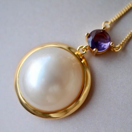Natural Mabe Pearl Necklace Sterling Silver|Statement Minimalist Pearl Pendant|Real Pearl with Amethyst Pendant|Perfect Anniversary Gift - Image 3