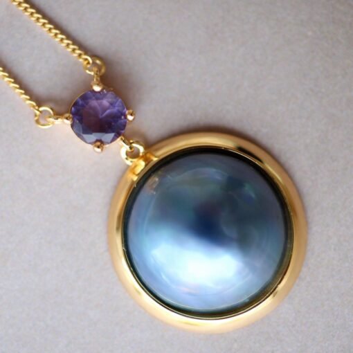 Natural Mabe Pearl Pendant Necklace Sterling Silver|Statement Minimalist Mabe Pearl Pendant|Unique blue mabe Pearl Pendant|Handmade Jewelry - Image 2