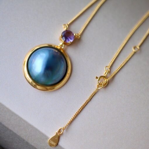 Natural Mabe Pearl Pendant Necklace Sterling Silver|Statement Minimalist Mabe Pearl Pendant|Unique blue mabe Pearl Pendant|Handmade Jewelry