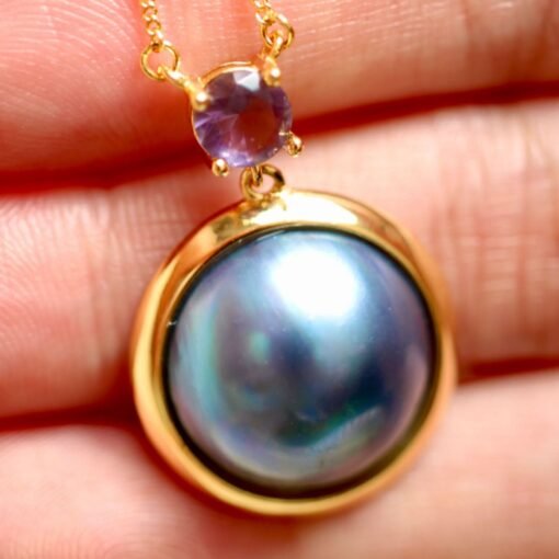 Natural Mabe Pearl Pendant Necklace Sterling Silver|Statement Minimalist Mabe Pearl Pendant|Unique blue mabe Pearl Pendant|Handmade Jewelry - Image 8