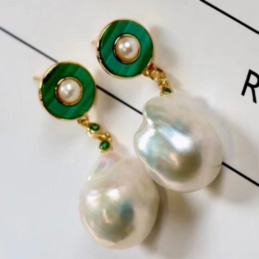 Unique Malachite Drop Earrings With Pearl|Real Pearl Studs Earrings|Dainty Malachite Earrings|Green Jewelry|Hand Carved Gemstone Earrings - Image 3